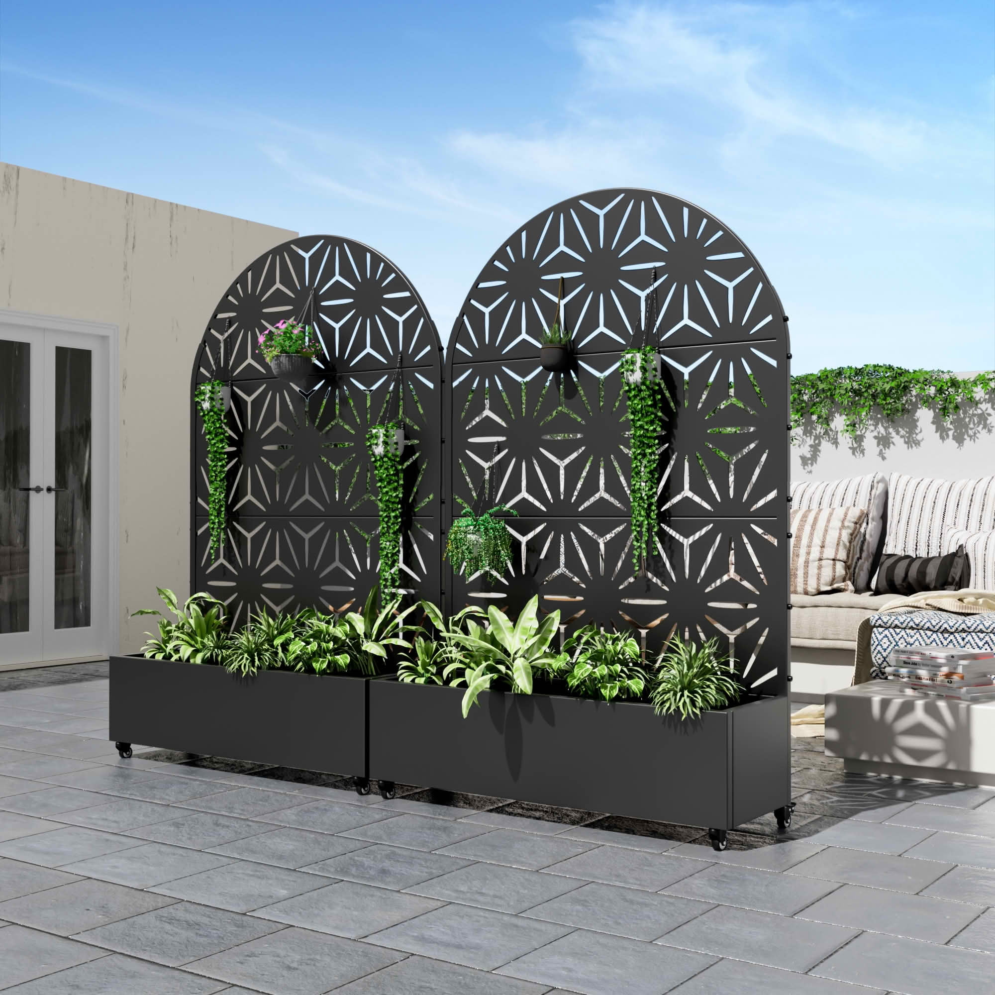 MAYEERTY 72x47x16 Inch Black Metal Arched Planter Box with Trellis, 3 Piece Set for Outdoor Garden & Patio