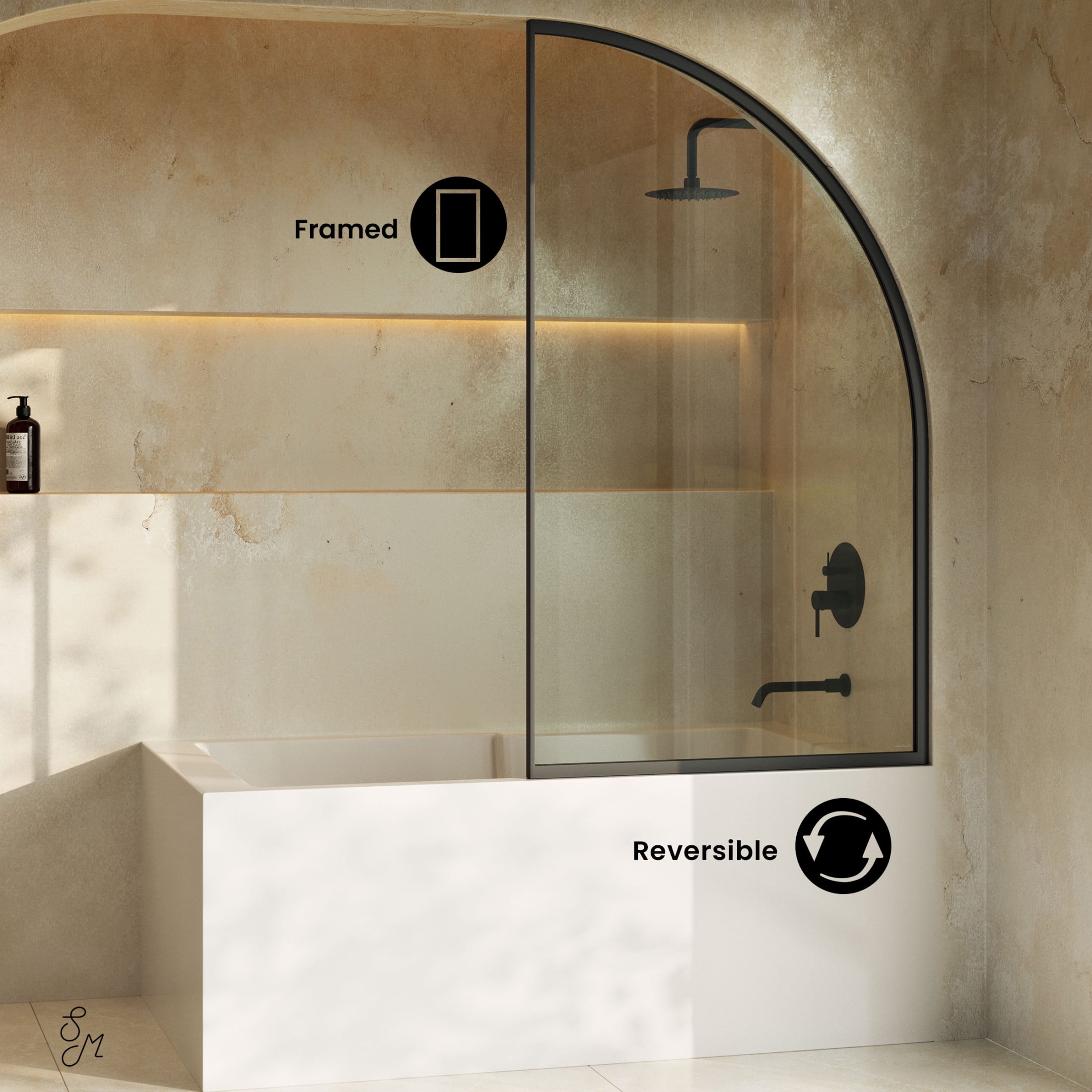 Demi 34 x 58 Framed Fixed 3/8 in. (10mm) Clear Tempered Glass Tub Door with Black Matte Frame