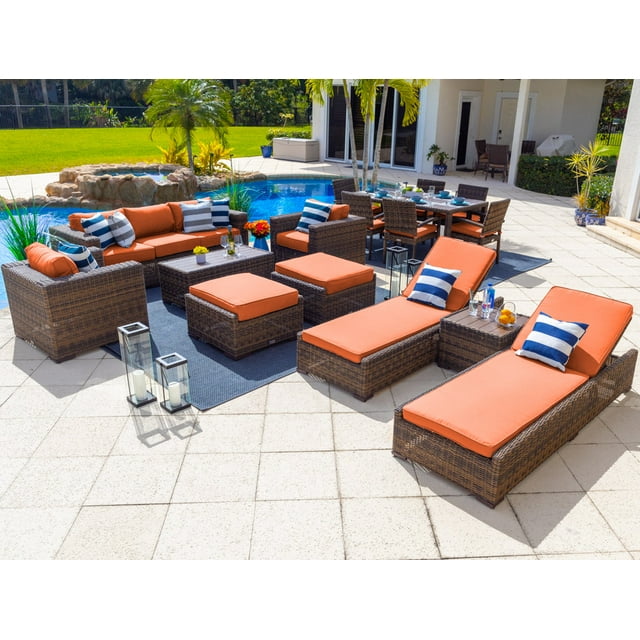 Tuscany 16-Piece Resin Wicker Outdoor Furniture Combination Set with Sofa Lounge Set, Dining Set, and Chaise Lounge Set (Half-Round Brown Wicker, Sunbrella Canvas Tuscan)