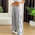 thumbnail image 5 of Ofreoo Women Elastic Mid Waist Lace Up Pocket Spliced Solid Color Cargo Pants Long Pants, 5 of 6