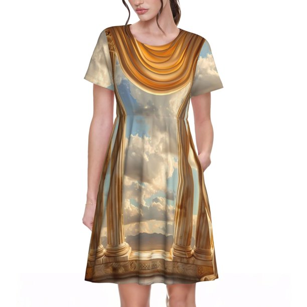 Disketp Golden Drapes Pillars Clouds para Vestido de Manga Corta para Mujeres, Vestidos de Verano para Mujeres, Casual y Holgado para la Playa