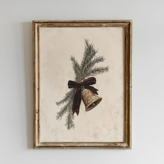 Zuno Christmas Bell Print With Pine And Brown Bow Ribbon, Printable Neutral Wall Art, Rustic Modern Vintage Holiday Downloadable - Wall Art Print, 8x12 UNFRAMED