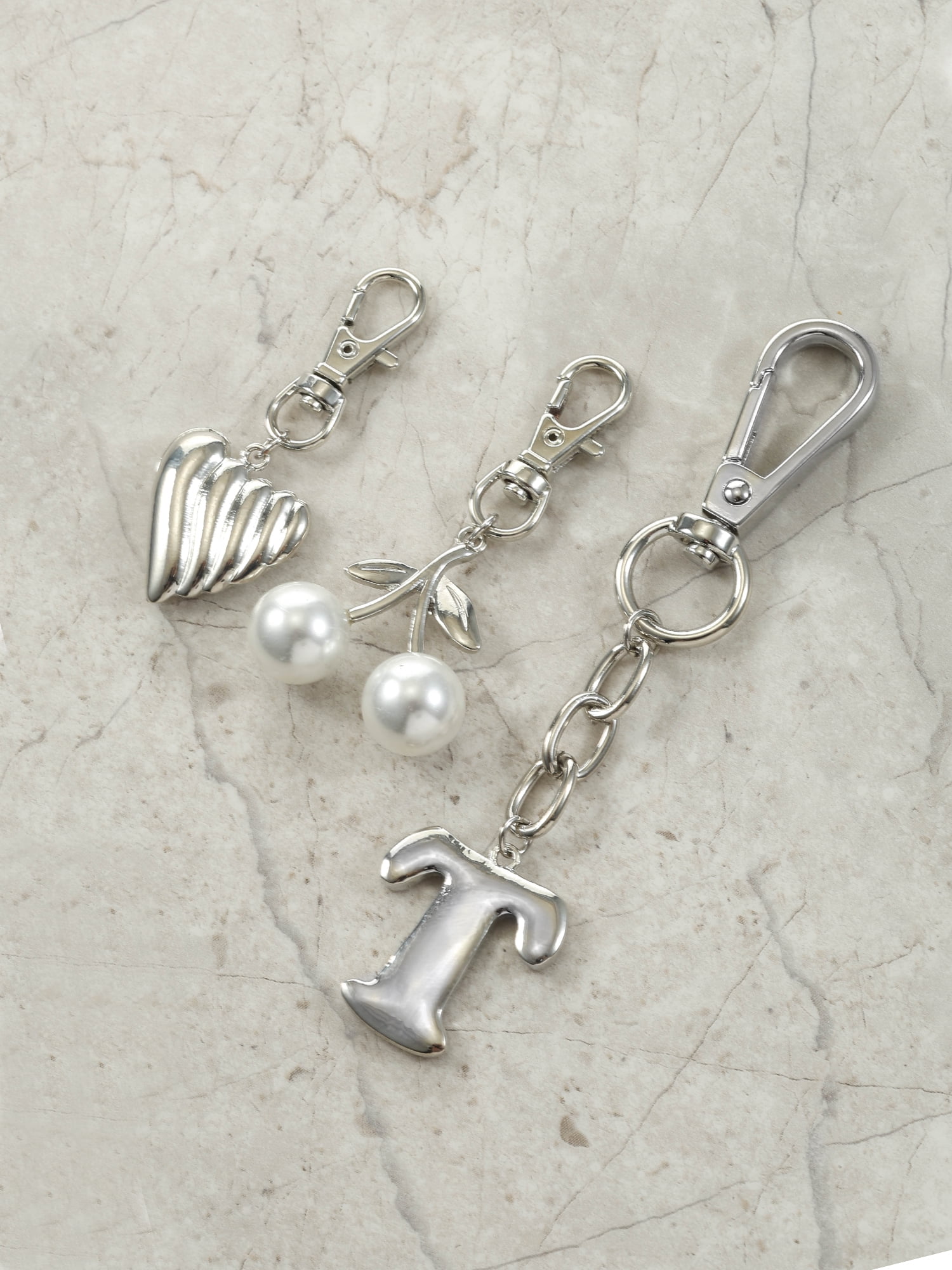Time and Tru Silvertone Initial Letter Bag Charm Set, 3 Pieces, Letter T