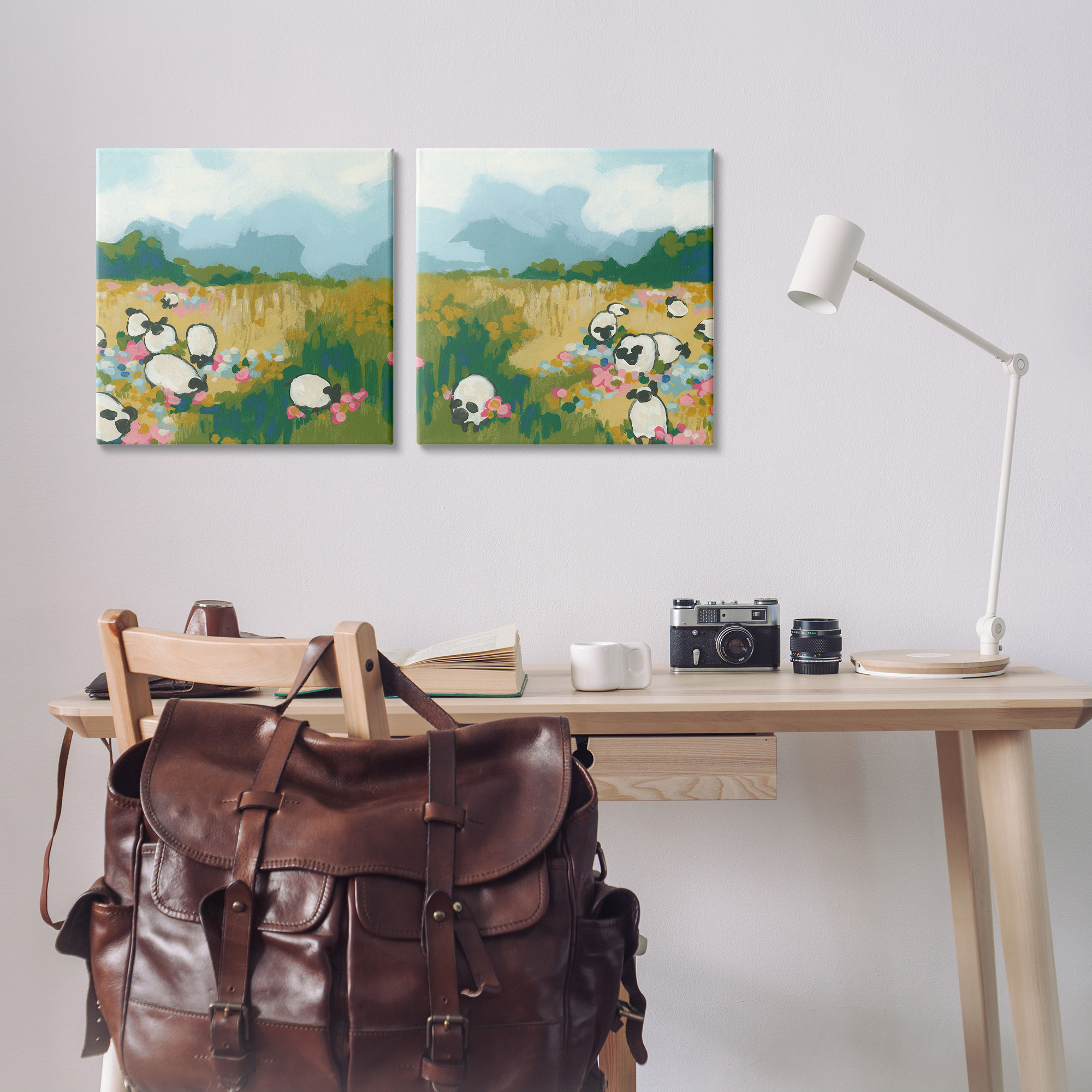 Stupell Industries Scattered Sheep in Field Landscape Painting Gallery Wrapped Canvas Art Print Wall Art, 17 x 17, Set of 2