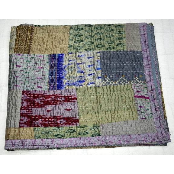 Marusthali Indian Silk Patchwork Kantha Quilts Handmade King Quilt Indian Silk Sari Kantha Quilted Quilt Cover Old Bohemian Vintage Patola Quilt