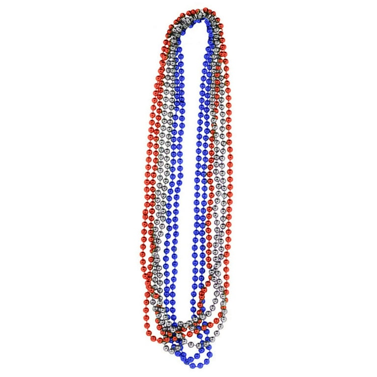 PMU Metallic Beads, Carnival Party, Beads Necklace, Mardi Gras, Party Favor  Necklaces Red, Silver and Royal Blue (2x6) 12 pc