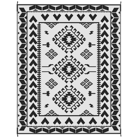 Homiyad Reversible Outdoor Rug, Waterproof Plastic Straw with Carry Bag, 8' x 10', Black & White Rhombus Patchwork