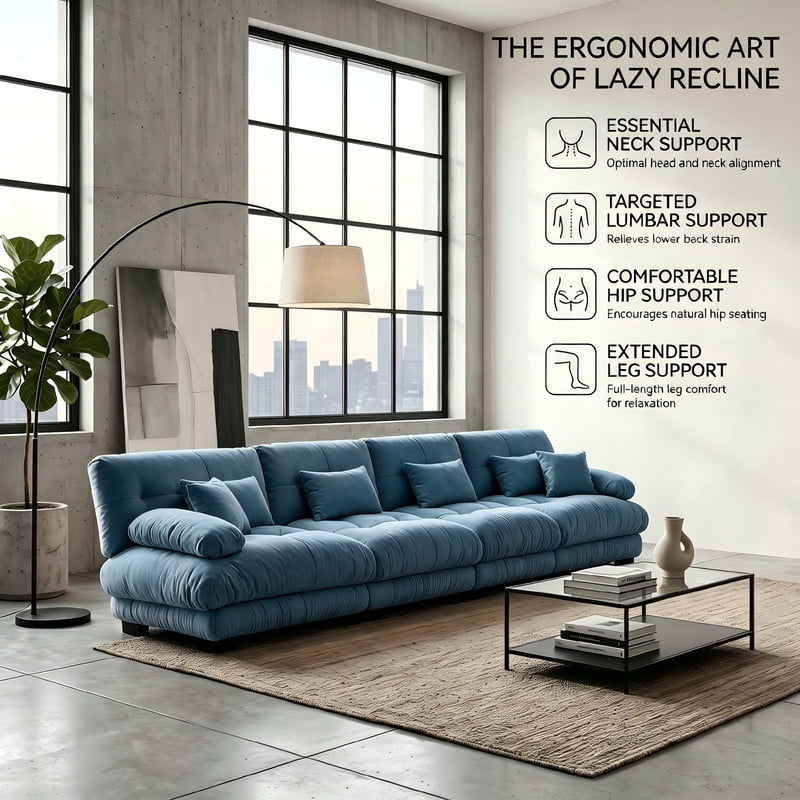ANPPORT Cloud Couch Sleeper Sofa, Chenille Blue 4-Seater Modular Sofa, 4 Lumbar pillows, 2 Pillows, Comfy Deep Seat Cloud Sofa, Convertible L-Shaped Floor Couch for Living Room