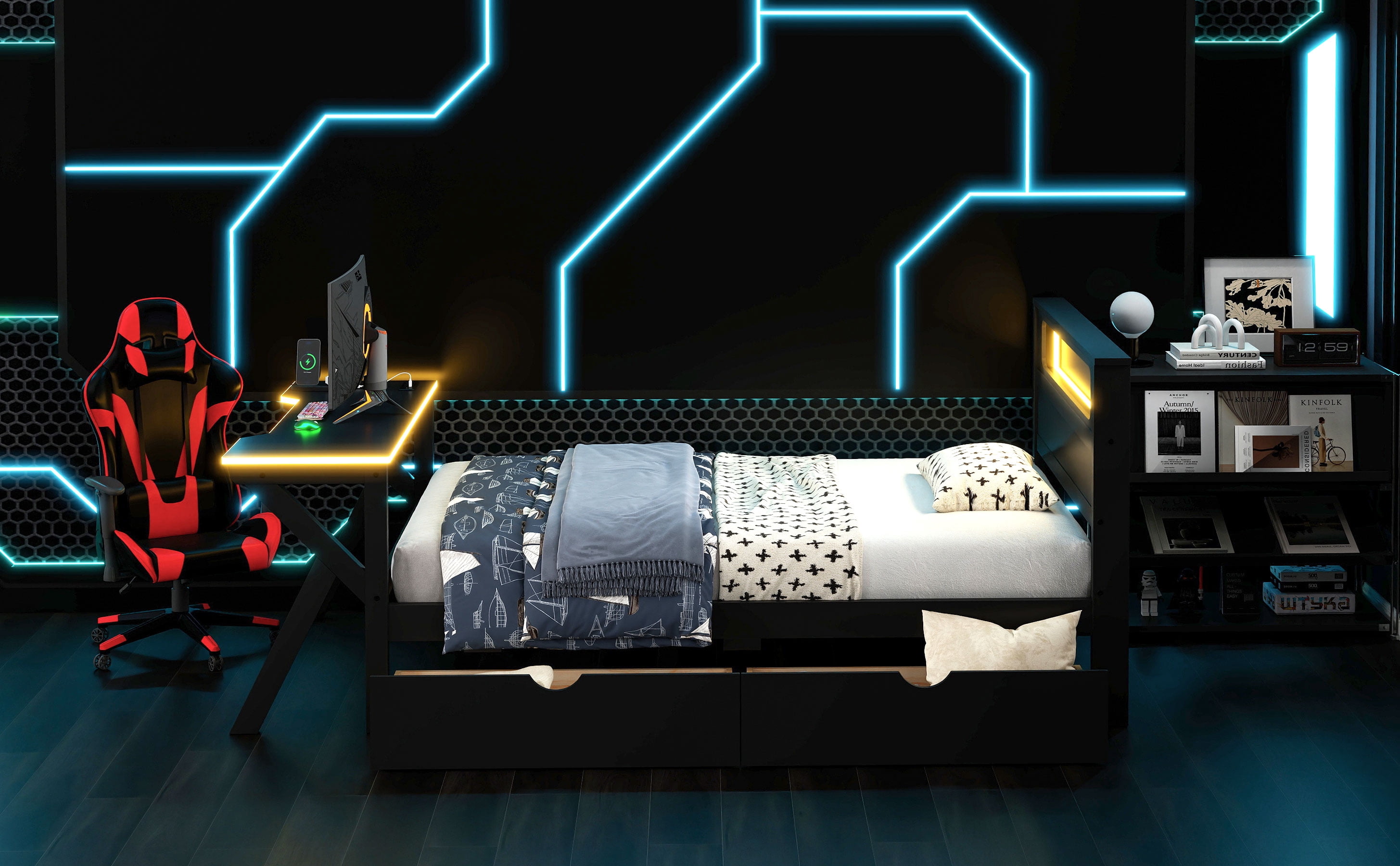 Mintazer Gaming Bed with Desk & Charging Station, Twin Platform Bed with 2 Storage Drawers & LED Lighting Dorm Bedroom, Black