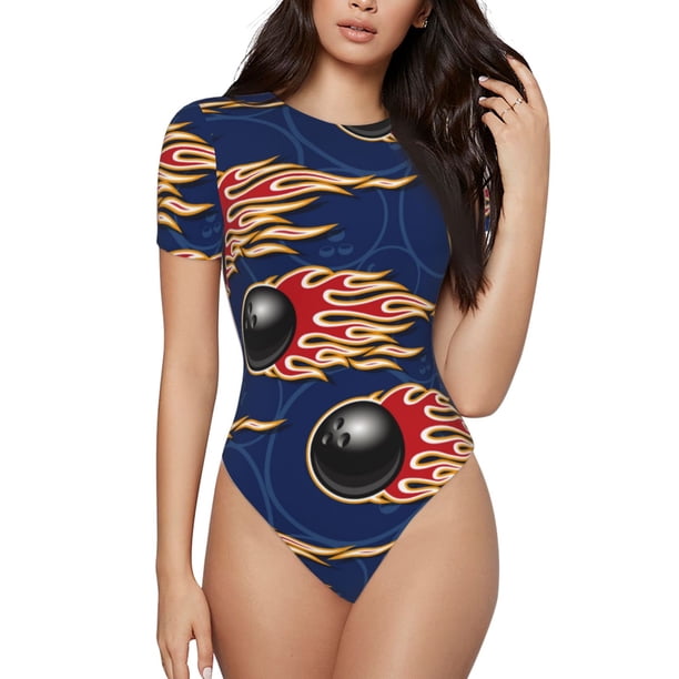 Fotbe Bowling Ball And Flame Body de Mujer con Cuello Redondo y Mangas Cortas, Sin Mangas Ajustado, Suave, Cómodo y Básico-Large