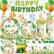 201Pcs Dinosaur Birthday Decorations Tableware Set Serve 25, Dinosaur Decorations for Birthday Party Includes Plates, Tablecloth, Cake Toppers, Cupcake Toppers, Dinosaur Party Decorations for Boys