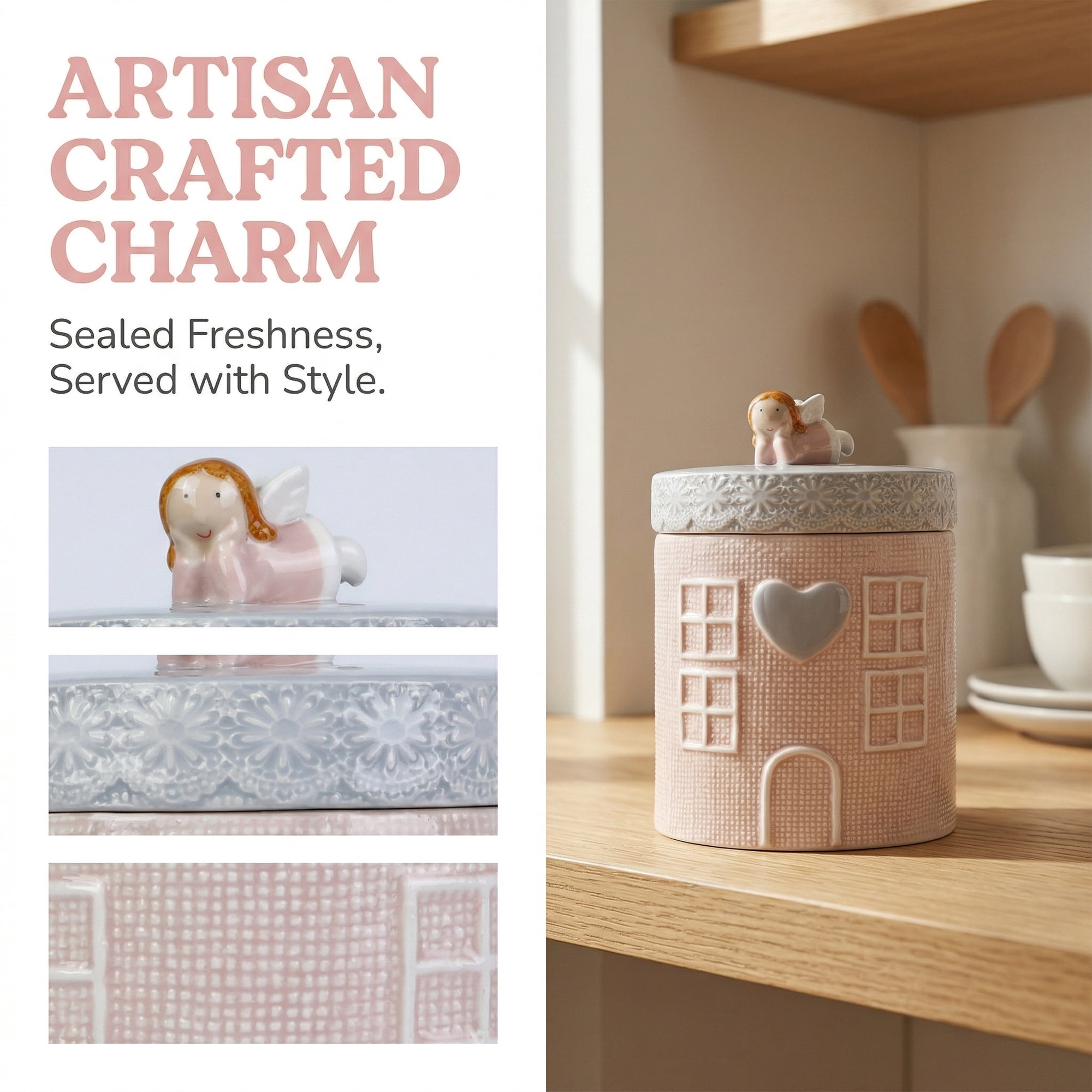 Unique Bargains Embossed Canister Set Ceramic Jar with Airtight Lid for Kitchen Pink