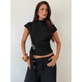 thumbnail image 4 of Women's Cap Sleeve Blouses Mock Neck Shirts Buckle Tunic Business Tops Blouse Shirt Top for Summer Spring Casual Work Black L, 4 of 9