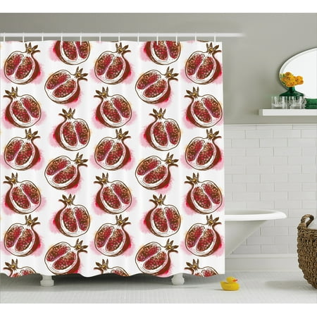 Mediterranean Pomegranate (Fruits Shower Curtain, Pomegranate Flowering Blurry Watercolor Mediterranean Taste Shrub Image, Fabric Bathroom Set with Hooks, 69W X 75L Inches Long, Fuchsia Red Umber Rose, by)