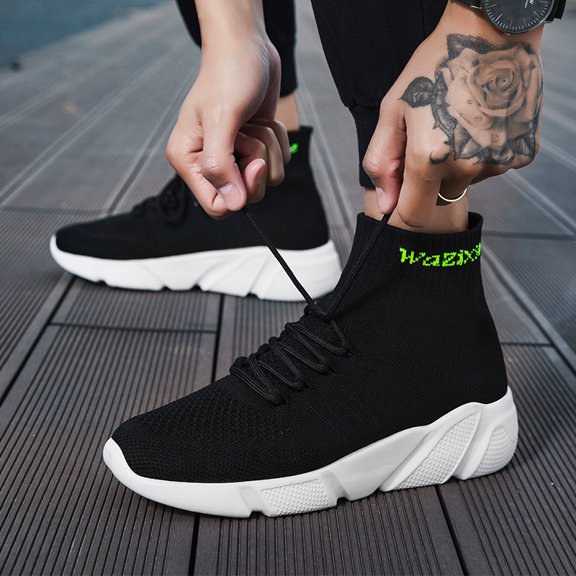 High Top Stretch Knit Slip On Sneakers Lace Up Shock Absorbing Walking Running Shoes