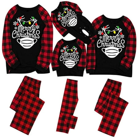 

SUNSIOM Matching Family Christmas Pajamas Sets Deer Letter Print Tee and Red Plaid Bottom PJ s Jammies for Adult Kids Baby