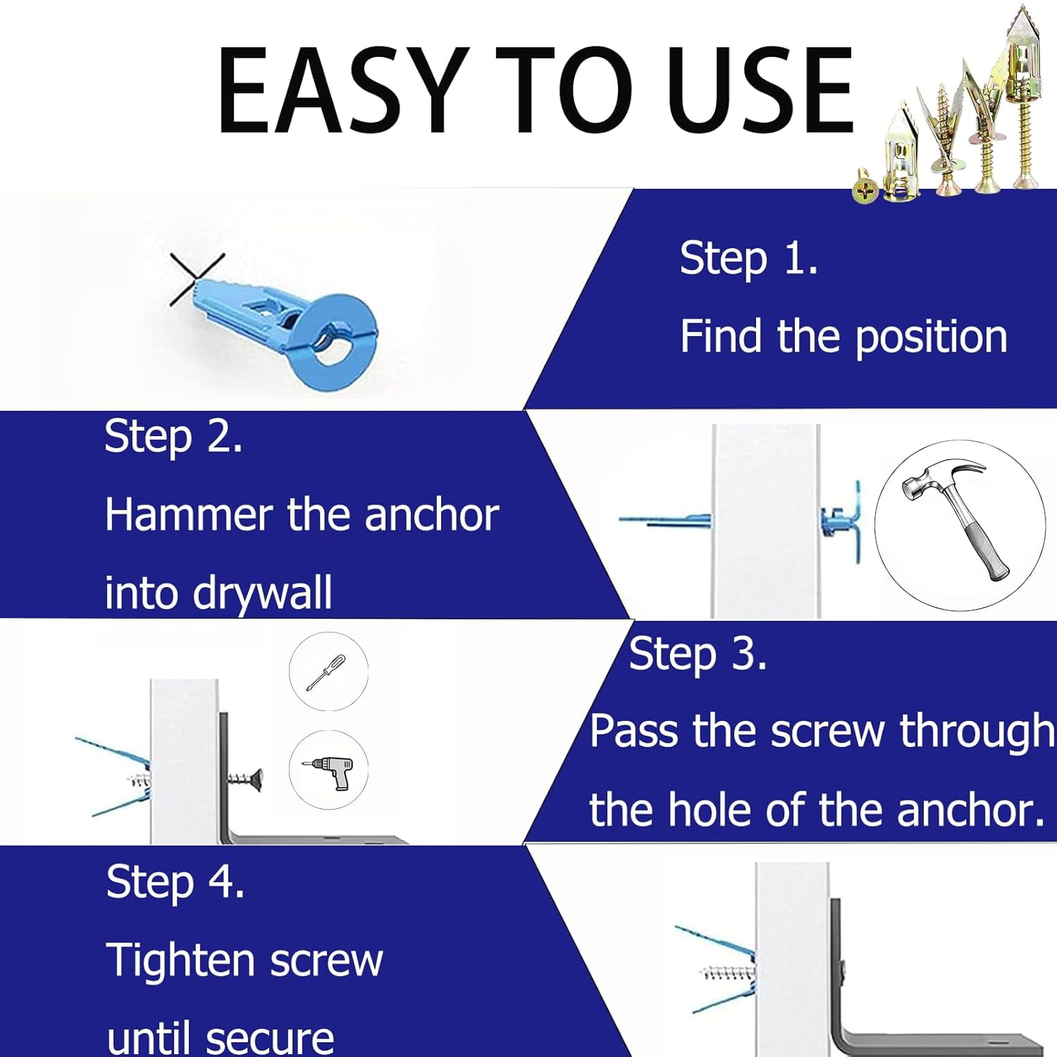 120PCS Piece Self-Drilling Drywall Anchors Kit Self Drilling Drywall Anchor Screws,Metal Screw Anchors Kit, No Drill Needed, Zero Wall Damage，Easy to Install (4 Sizes)