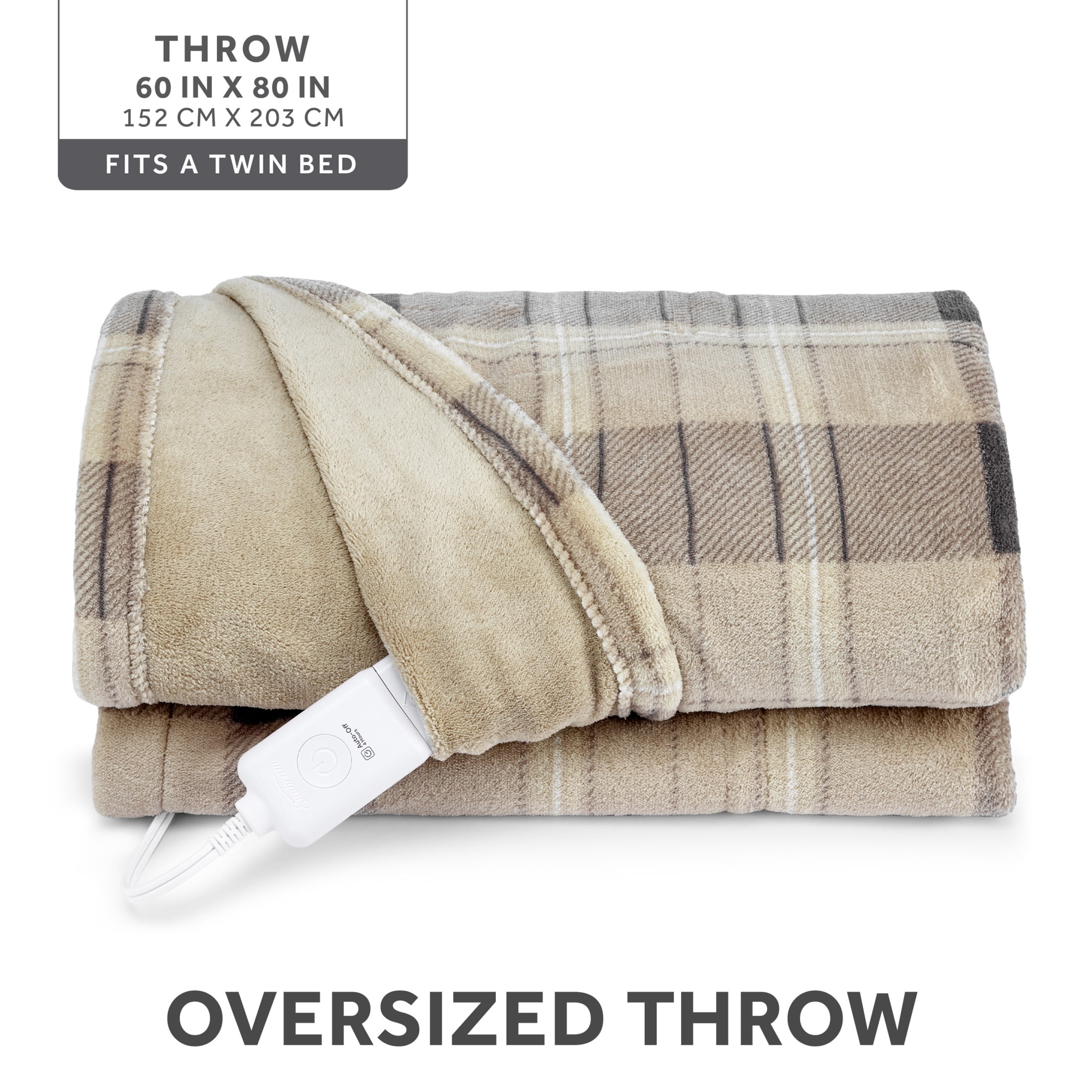Sunbeam Electric Heated Throw Blanket Earthy Plaid Super Soft Microplush 4 Heat Settings Oversized 60x80
