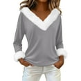 thumbnail image 2 of Long Sleeve Pullover Christmas Tops Womens Loose Long Sleeve V Neck Fur Trim Sweater Tops Gray XL, 2 of 7