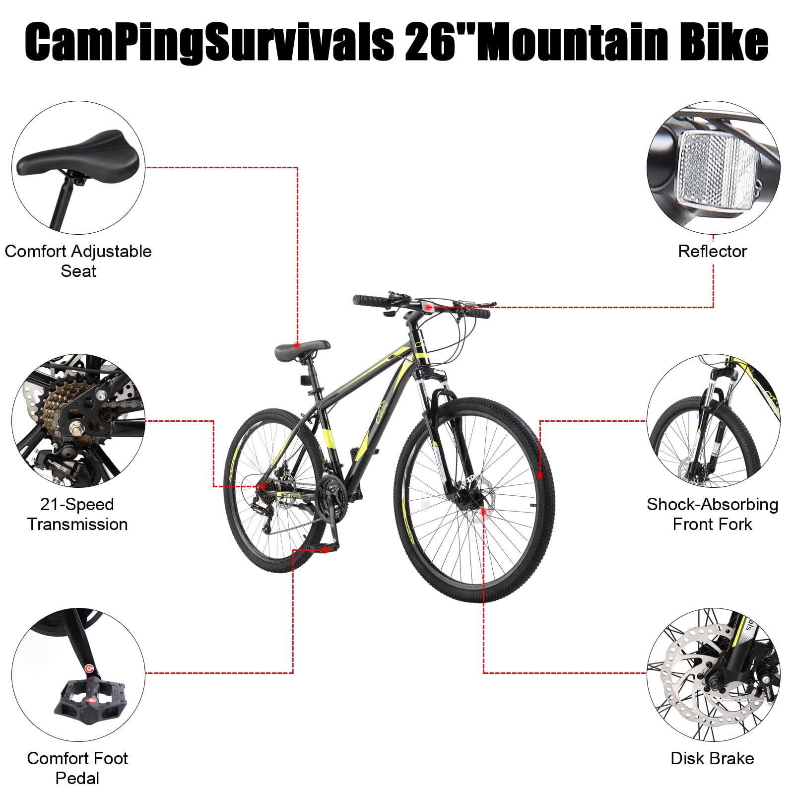 UBesGoo 26 inch Mountain Bike with 21-Speed, Dual Disc Brake, High-Carbon Steel MTB Bicycle, Yellow