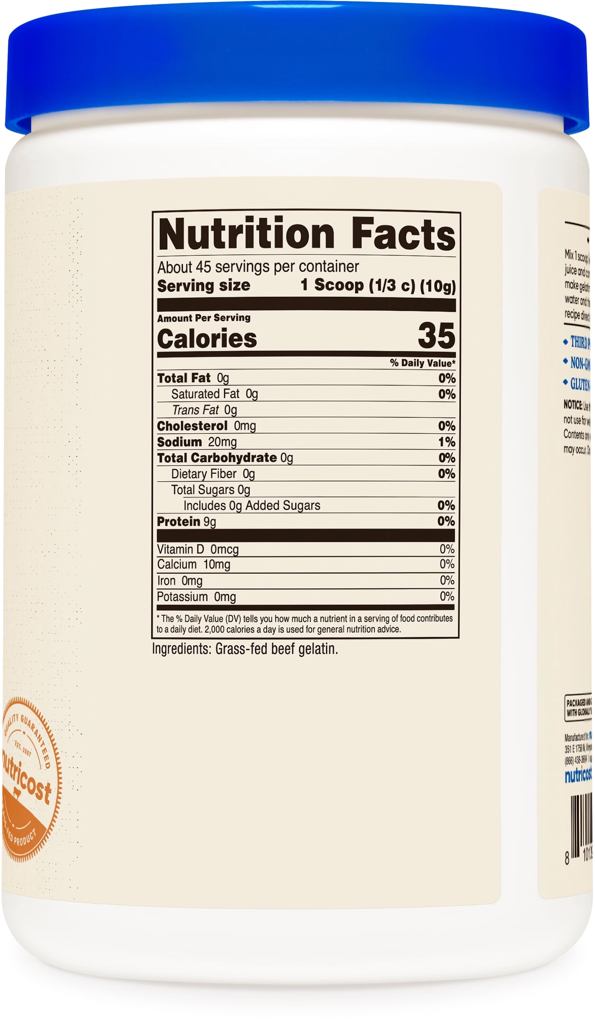 Nutricost Grass-Fed Beef Gelatin Powder (1 LB) Unflavored - 9g of Protein per Serving, GMO-Free, Gluten-Free, 45 Servings