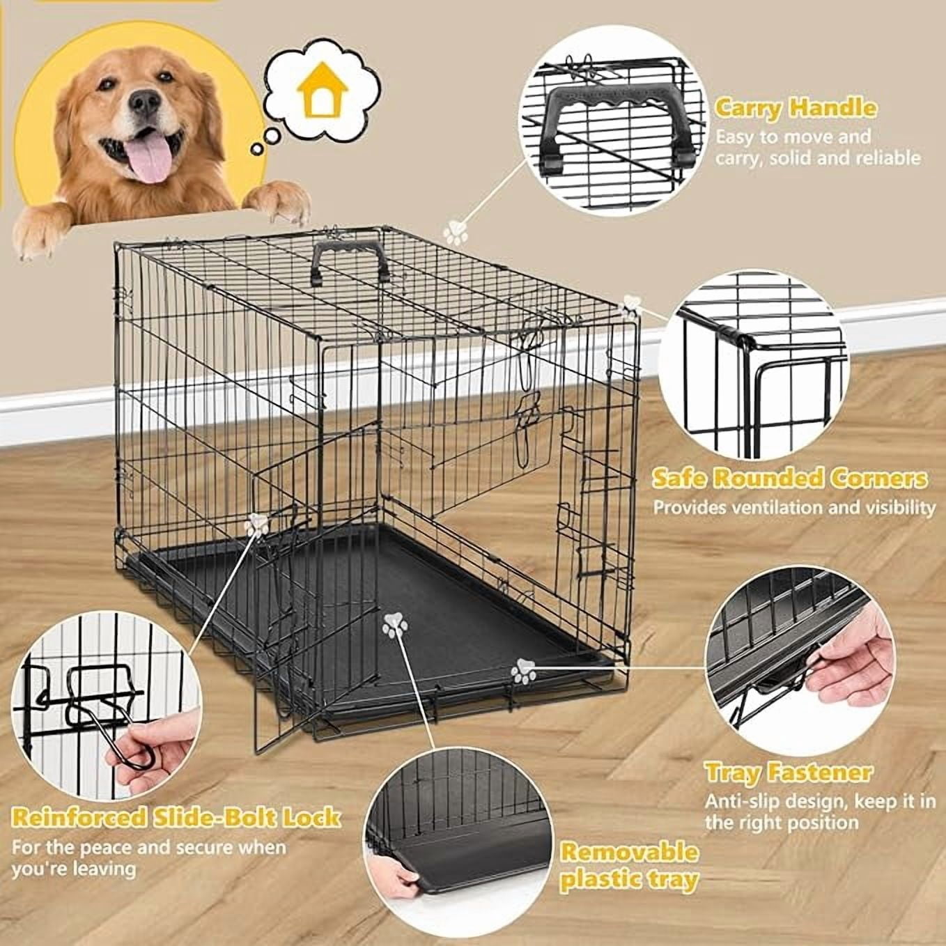 SHOUFTW 36inch Large Dog Crate with Rounded Corners, Double Door Metal Wire Pet Kennel for Indoor Outdoor Travel, Leak-Proof Pan Tray, Black