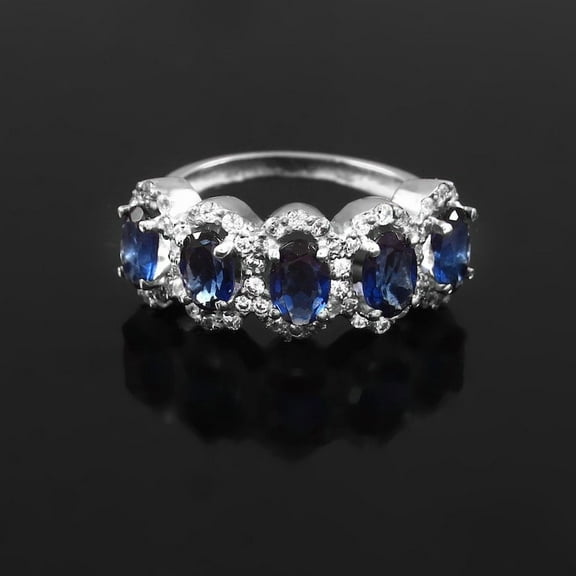 Oval Cut Sapphire Moissanite Halo Wedding Band, Blue Sapphire Gemstone Band, Five Stone Matching Band, Wide Stacking Birthstone Band, Gifts.