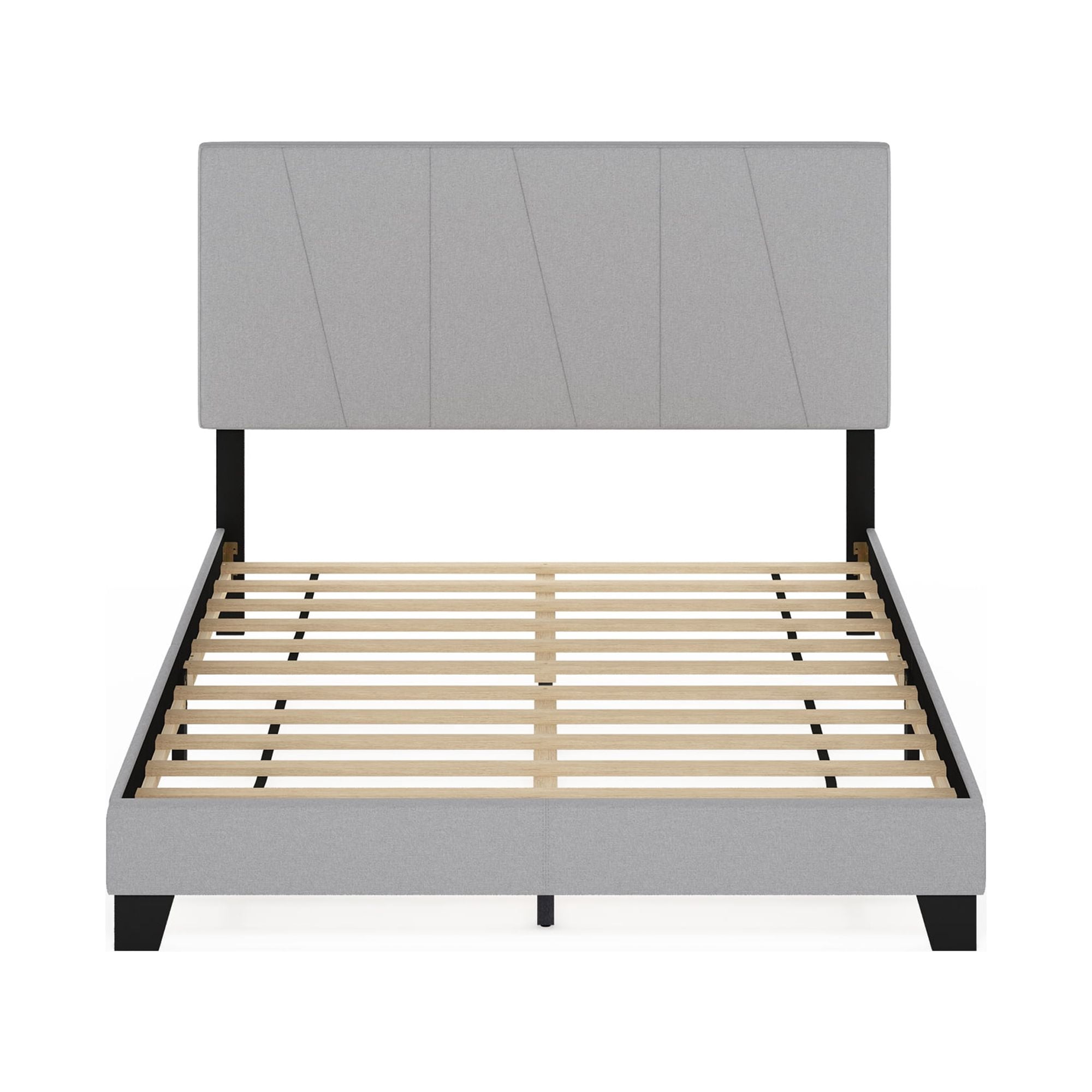 Furinno LUCY Queen Upholstered Bed Frame with Adjustable Geometric Headboard and 12-Piece Wooden Slat Support, No Box Spring Required, Light Grey