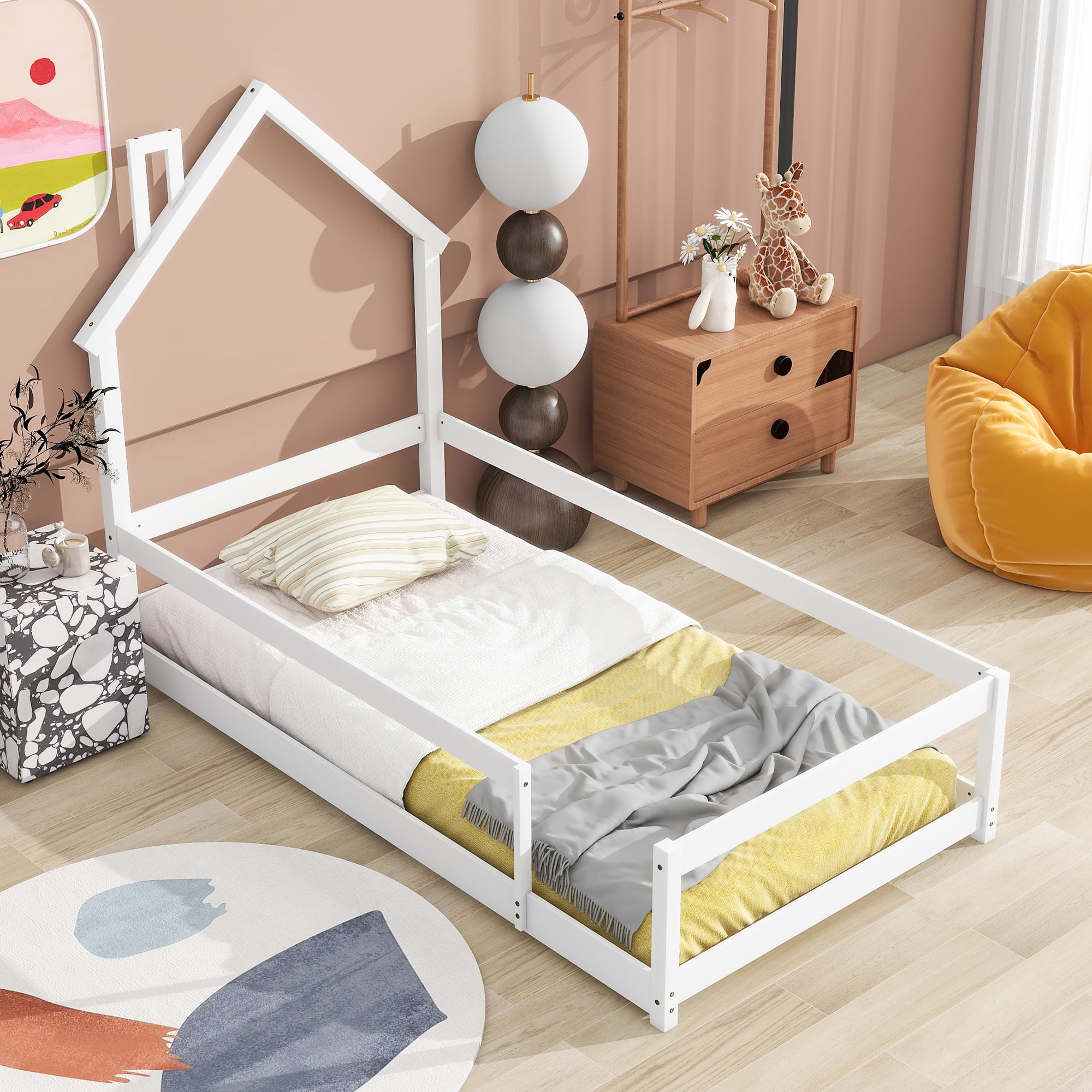 Euroco Wood Twin Size Daybed, House Floor Bed with Fence for Bedroom, White