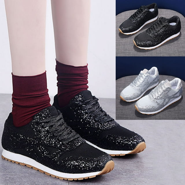 Women Casual Breathable Sequin Rhinestone Shiny Platform Sneakers Walking Shoes