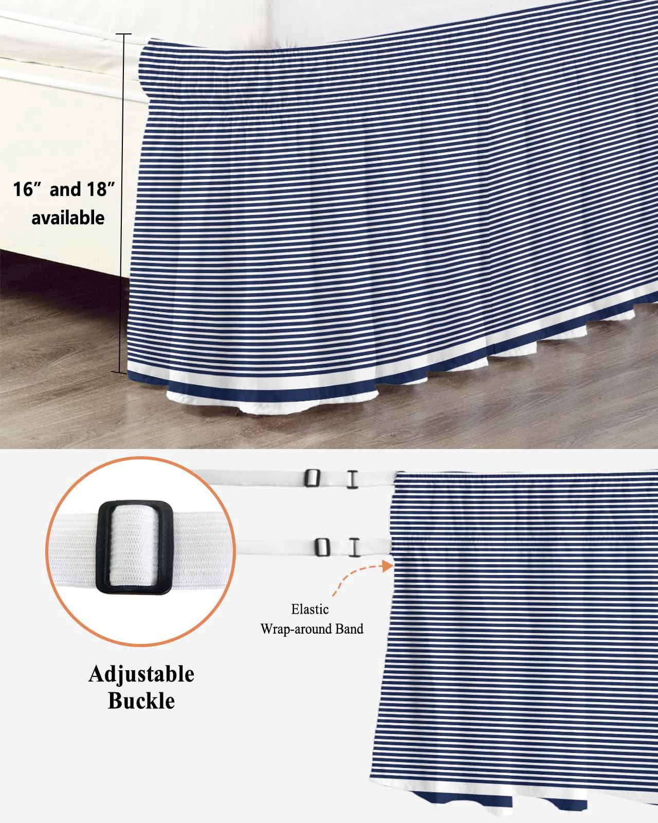 Farmhouse Navy Blue White Striped Bed Skirt King Size, Modern Stripes Wrap Around Bed Skirting with Adjustable Elastic Strap, Dust Ruffle Pleated Bedskirts 16 Inch Drop for Bedroom King Beds