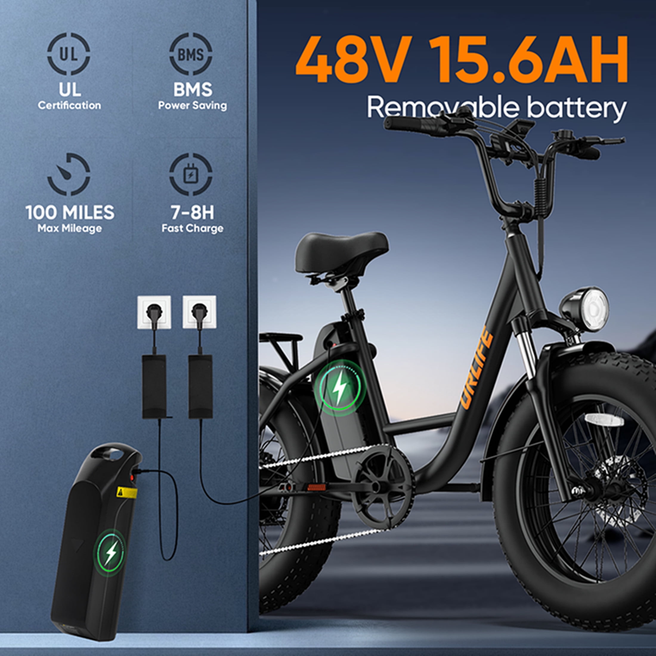 URLIFE 4.0 Fat Tire Ebike,20" Electric Bicycles for Adult,1500W Peak Motor,48V 15.6AH Remobavle Battery,7-Speed Mountain Ebike,UL2849-Black