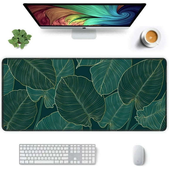 Extended Mouse Pad, XXL Gaming Mouse Pads, Large Big Mousepad Laptop Computer Keyboard Mat Desk Pad with Non-Slip Base Stitched Edge for Gaming Office, 35.5 x 15.7 inch, Tropical Leaves