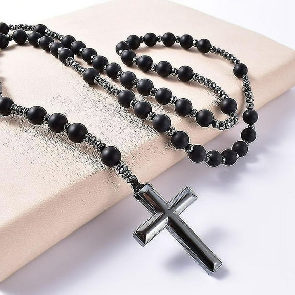 Natural Stone Frosted Black Onyx Catholic Christ Rosary Necklaces With Hematite Cross Pendant Men Necklace Meditation Jewelry