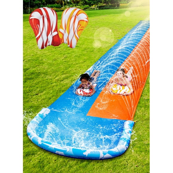 Joyfy 32.ft Water Slide and 2 Inflatable Boards, Double Waves Double Lawn Water Slide with Sprinkler for Kids Adults