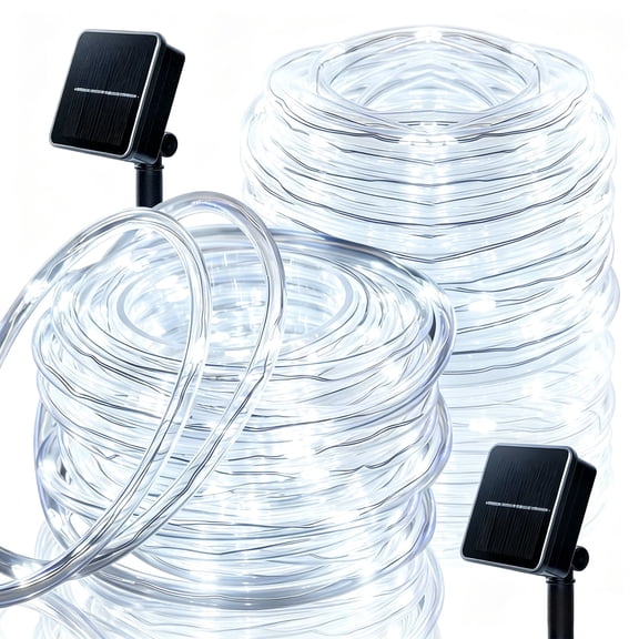 Rirool Solar Rope Lights Outdoor Waterproof 2 Pack, 66ft 200 LED White String Lights with 8 Modes, Flexible Clear Tube Fairy Lights Auto On/Off for Garden Patio Fence