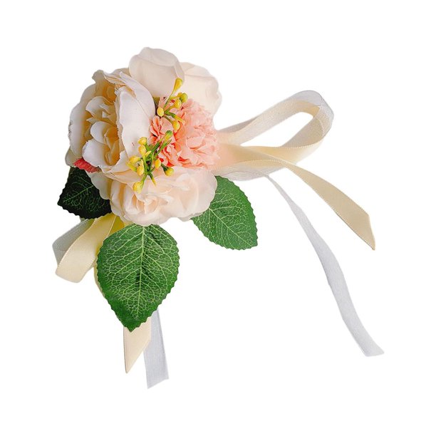 Pulsera de ramillete de muñeca, flor de muñeca de mano de cinta, ramillete de flores de muñeca de boda para de boda , champán BLESIY Ramillete de muñeca
