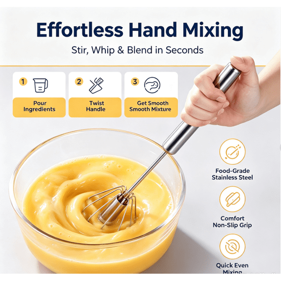 Semi Automatic Hand Whisk, Stainless Steel Rotary Whisk, Push Egg Beater Mixer, Manual Kitchen Whisk for Eggs, Cream, Batter, Sauces and Home Cooking