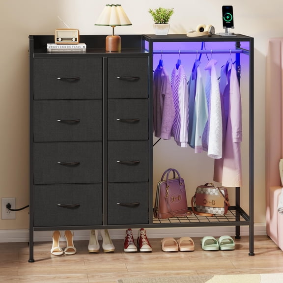 Black 8-Drawer Dresser With Hanging Rod, LED Lighting & Shoe Storage