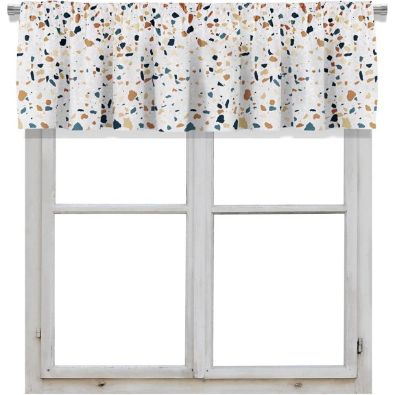 Blackout Terrazzo Stone Floor Rod Pocket Short Window Curtain Valance for Kitchen Bedroom Decor, 52" x 18", Light Grey and Black, 1 Panel