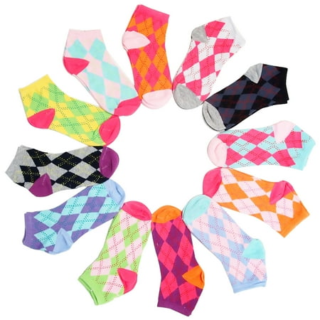 

12 Pairs New Women Lady Girl Cotton Fashion Argyle Plain Black White Stripe Polka Dot Music Casual Ankle School Low Cut Socks Soft Colorful 9-11