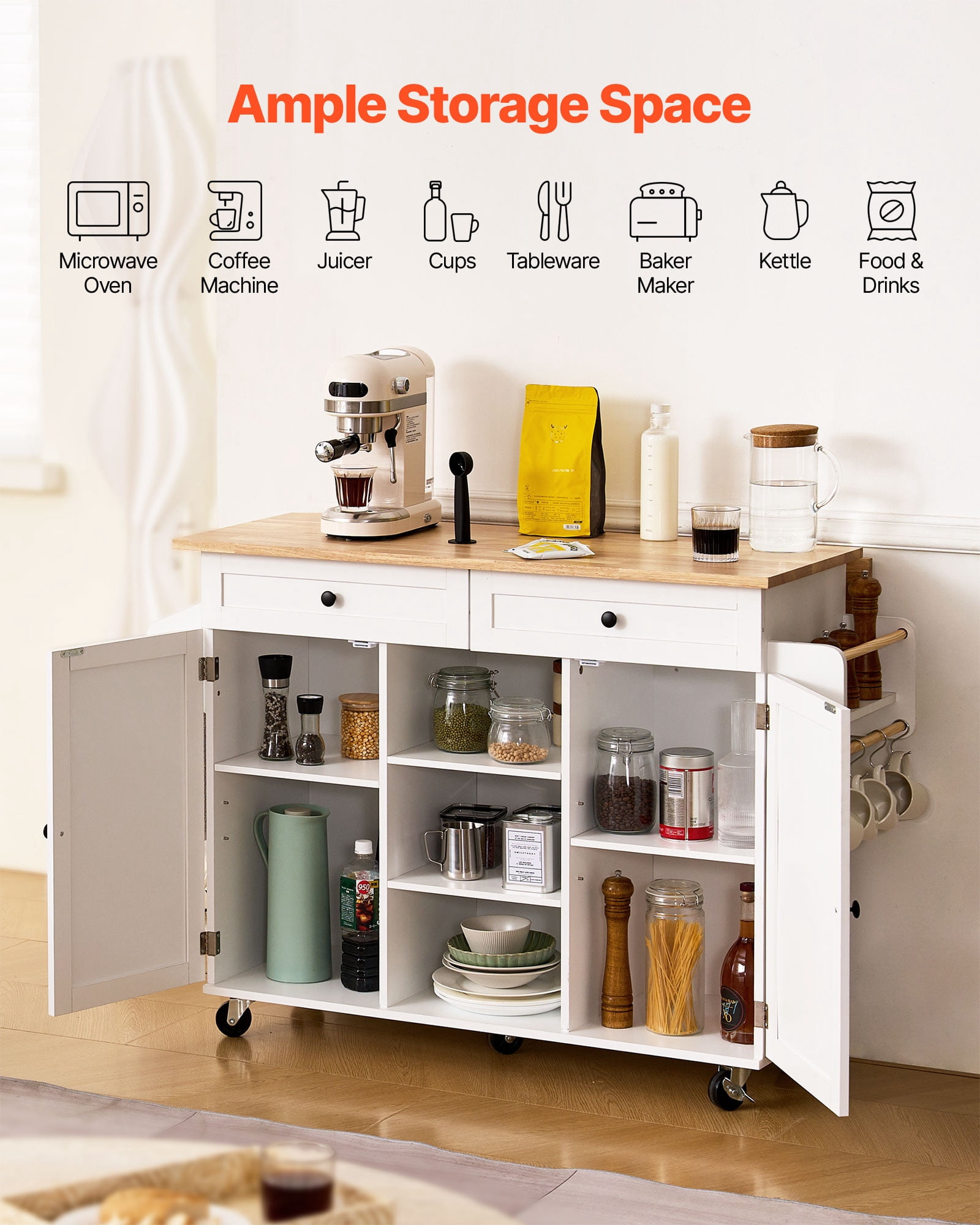 VEVOR Kitchen Island Cart, with Solid Wood Top and Storage Cabinet, Mobile Rolling Table with Drop Leaf,Drawers, Spice Towel Rack,Portable Islands on Swivel Wheels for Dining Room,52in Width,White