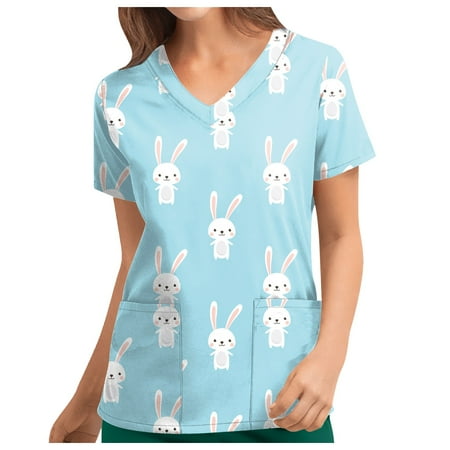

TKing Fashion Independence Day Women Plus Size Scrubs Top V-Neck Short Sleeve Printed Pockets Work Blouse for Women Sky Blue S