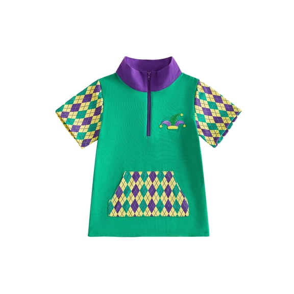BemeyourBBs Kids Toddler Baby Boy Mardi Gras T Shirt Summer Carnival Party Clothes Geometric Print Hat Embroidery Short Sleeve Quarter Zip Pullover Tee Tops Casual
