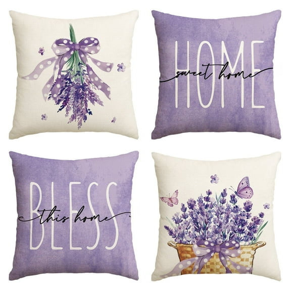 Sm:)e Lavender Bless This Home Spring Throw Pillow Covers, 18 x 18 Inch Purple Couch Pillow Case Set of 4