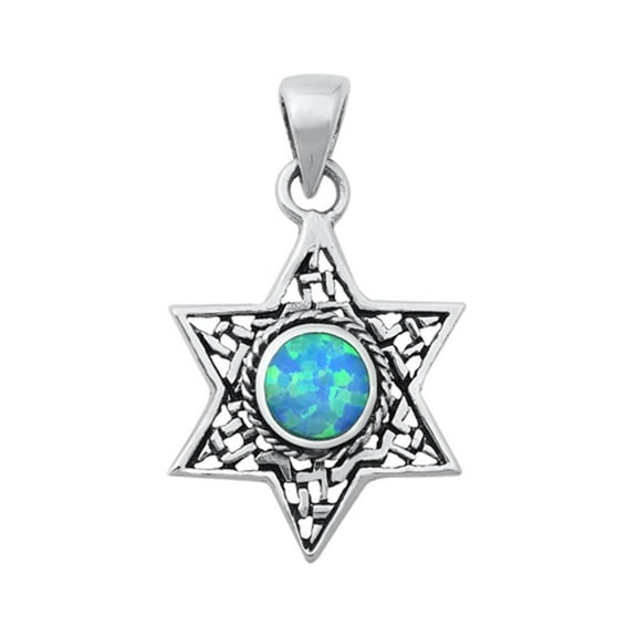 Sterling Silver Blue Simulated Opal Star of David Pendant Rope Halo Jewish Charm Jewelry Female