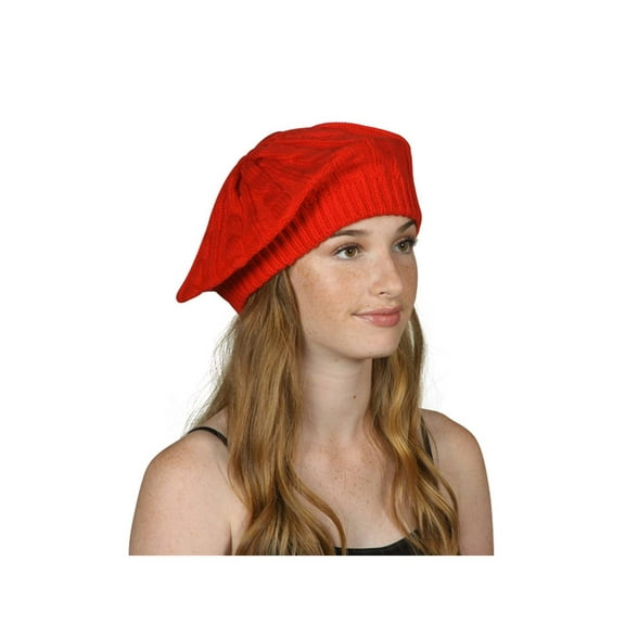 Cable Knit Winter Ski Beret Knit Tam Skull Cap - Red
