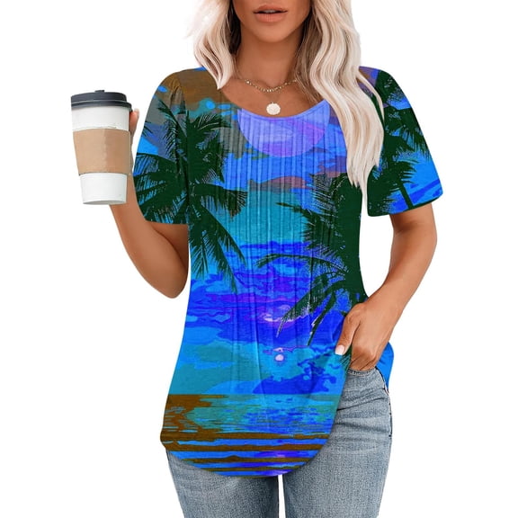 Ayolanni Short Sleeve Blouses for Women Casual Scoop Neck Tropical Print Pleated Blouse Beach Fitted Shirts Women's Tops, Tees & Blouses Blue L