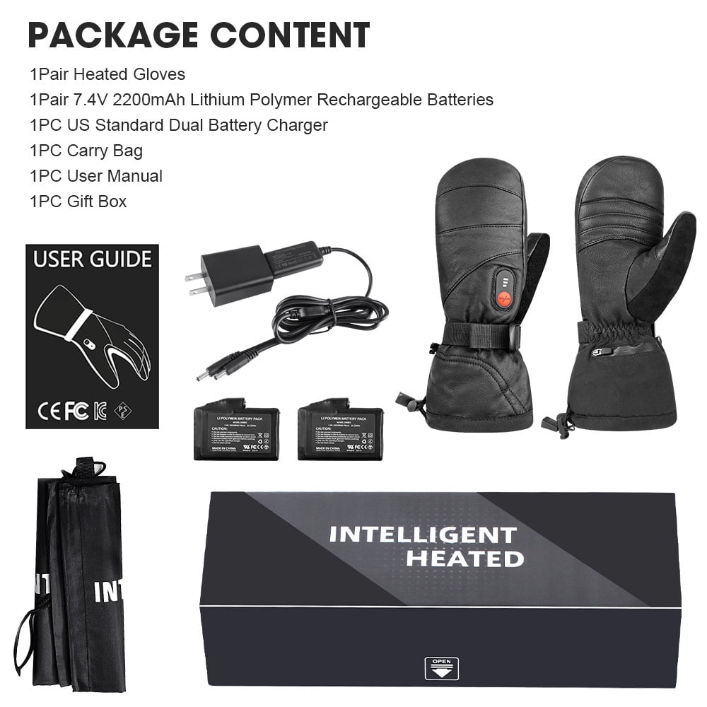 Sun Will Black Leather Waterproof Snow Gloves, Rechargeable Heated Touch Screen Warm Ski Mittens S-2XL