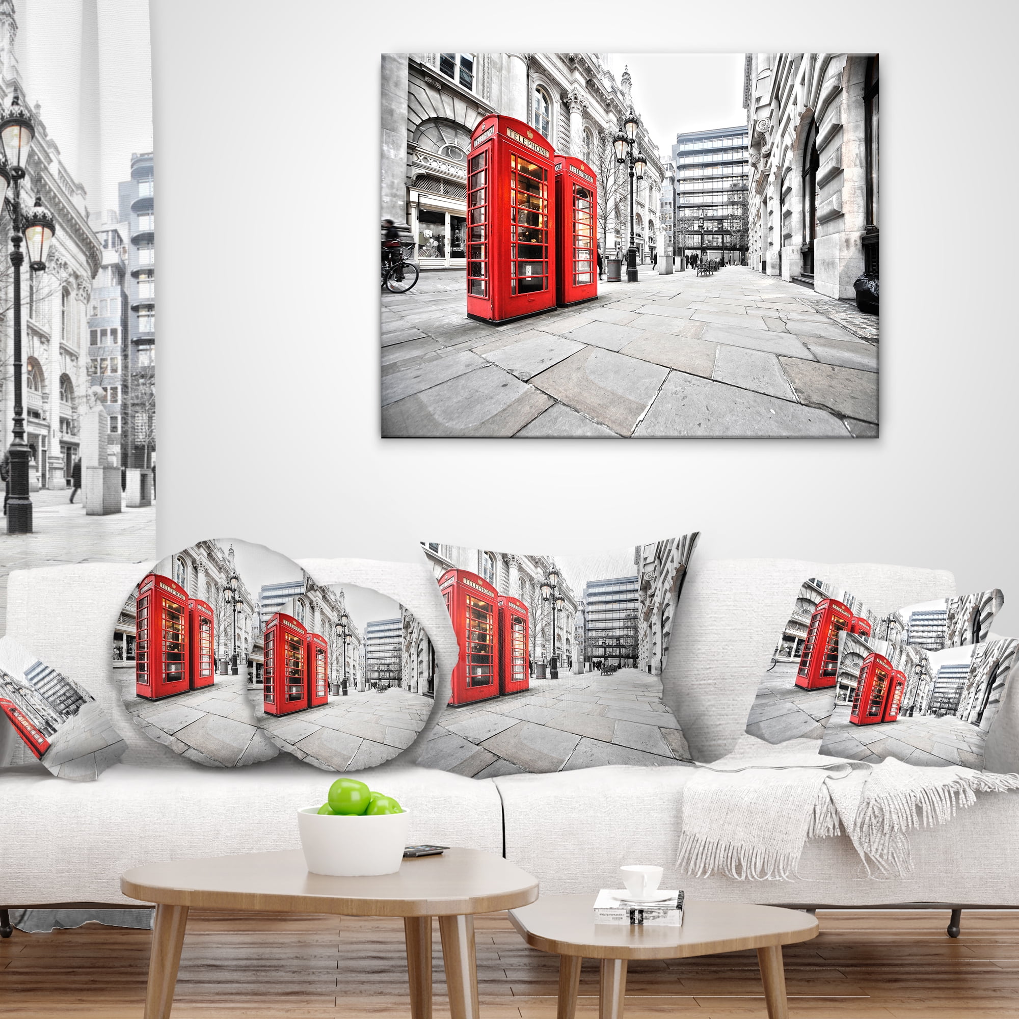 Designart Phone Booths on Street - Cityscape Throw Pillow - 18x18